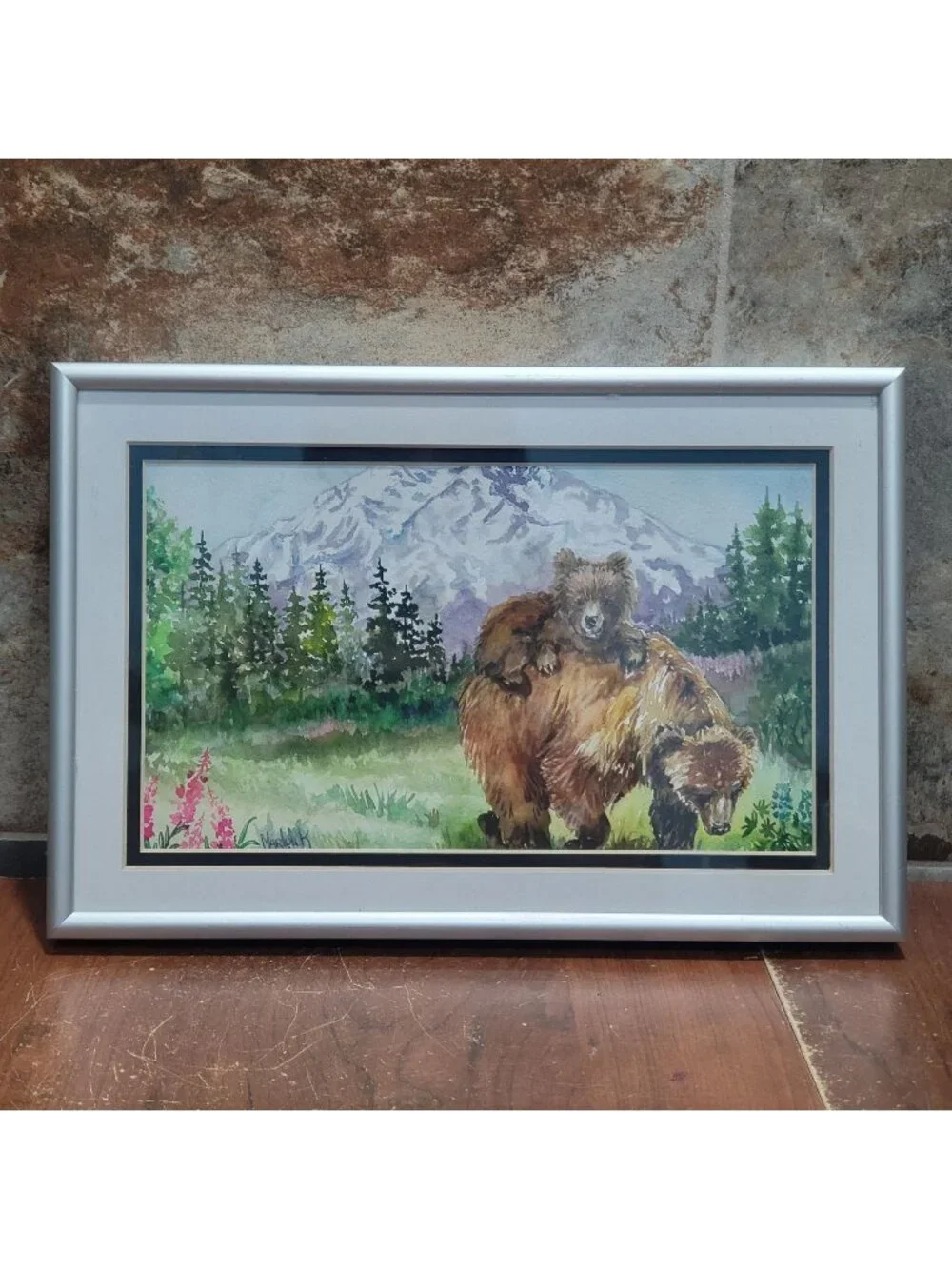 Framed Bear and Cub Watercolor Print Signed MarLynk
